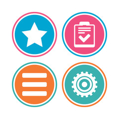 Star favorite and menu list icons. Checklist and cogwheel gear sign symbols. Colored circle buttons. Vector