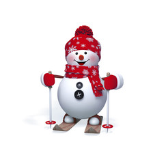 3d snowman skiing clip art isolated on white background, Christmas holiday, Happy New Year greeting card, 
