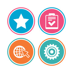 Star favorite and globe with mouse cursor icons. Checklist and cogwheel gear sign symbols. Colored circle buttons. Vector