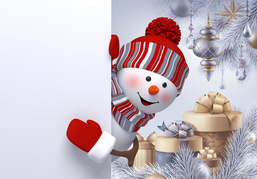3d curious snowman looking out, Christmas  ornaments, balls, poster, gifts, winter holidays background, blank banner, greeting card template
