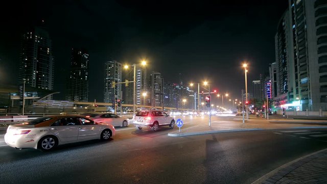 Dubai Street At Night Time Lapse. HD Video.
