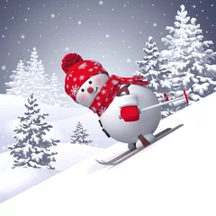  3d snowman sliding downhill, skiing, white Christmas holiday background, winter landscape, Happy New Year greeting card  © wacomka