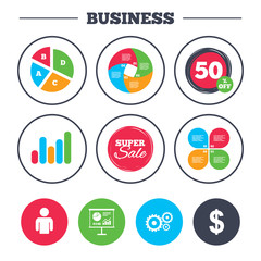 Business pie chart. Growth graph. Business icons. Human silhouette and presentation board with charts signs. Dollar currency and gear symbols. Super sale and discount buttons. Vector
