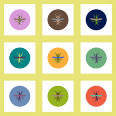 Collection of stylish vector icons in colorful circles flying beetle