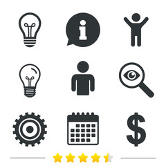 Business icons. Human silhouette and lamp bulb idea signs. Dollar currency and gear symbols. Information, light bulb and calendar icons. Investigate magnifier. Vector