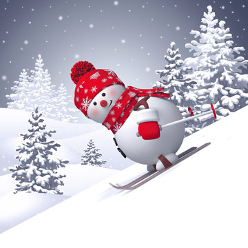 3d snowman sliding downhill, skiing, white Christmas holiday background, winter landscape, Happy New Year greeting card 