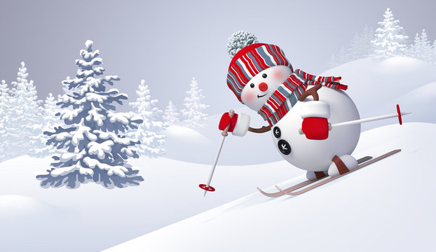 3d snowman sliding downhill, skiing, Christmas holiday background, panoramic winter landscape, Happy New Year greeting card 
