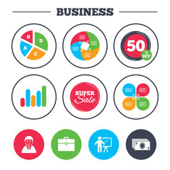 Business pie chart. Growth graph. Businessman icons. Human silhouette and cash money signs. Case and presentation symbols. Super sale and discount buttons. Vector