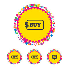 Web buttons with confetti pieces. Buy now arrow icon. Online shopping signs. Dollar, euro and pound money currency symbols. Bright stylish design. Vector