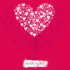 Big heart made from small hearts, Valentines day - I love you illustration. Romantic and cute hand drawn greeting card