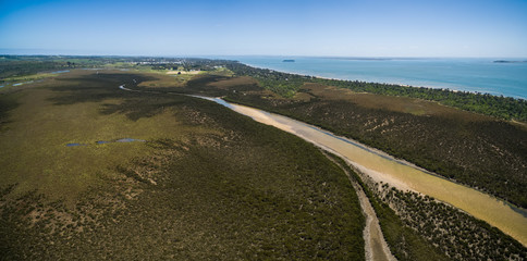 Aerial panorama of mangroves and countryside coastline at Rhyll. Phillip Island, Victoria, Australia