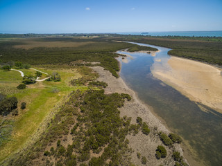 Aerial view of mangroves and countryside coastline at Rhyll. Phillip Island, Victoria, Australia