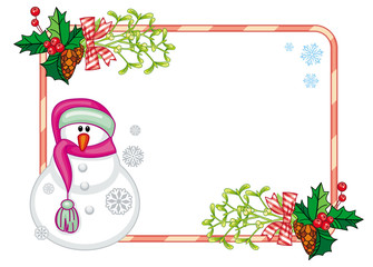 Horizontal frame with Christmas decorations and snowman.