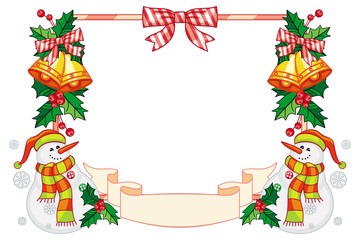 Horizontal frame with Christmas decorations and snowman. 