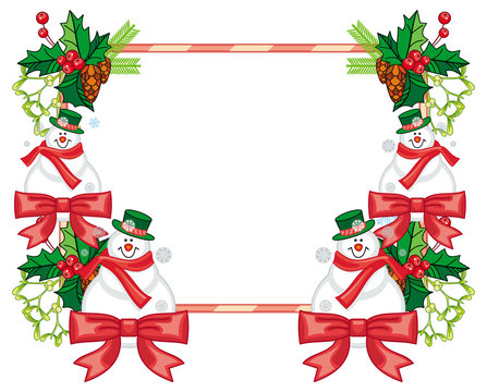 Horizontal frame with Christmas decorations and snowman.