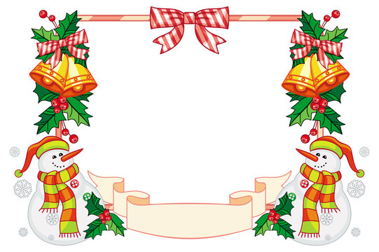 Horizontal frame with Christmas decorations and snowman. 