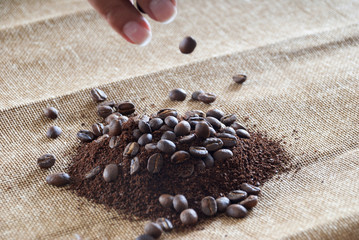Coffee of Guatemala on grunge wooden background. roasted coffee beans on the table in perspective.