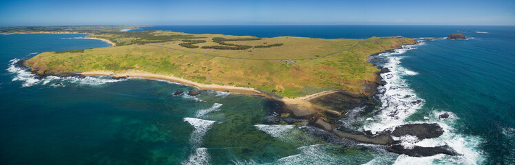 Aerial panoramic view of Phillip Island coastline near The Nobbies Centre and Round Island....