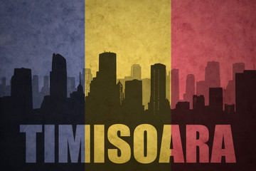 abstract silhouette of the city with text Timisoara at the vintage romanian flag