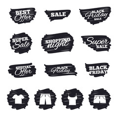 Ink brush sale stripes and banners. Clothes icons. T-shirt and pants with shorts signs. Swimming trunks symbol. Black friday. Ink stroke. Vector