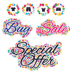 Sale confetti labels and banners. Clothes icons. T-shirt and pants with shorts signs. Swimming trunks symbol. Special offer sticker. Vector