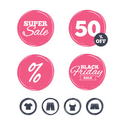 Super sale and black friday stickers. Clothes icons. T-shirt and bermuda shorts signs. Swimming trunks symbol. Shopping labels. Vector