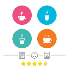 Fototapeta na wymiar Coffee cup icon. Hot drinks glasses symbols. Take away or take-out tea beverage signs. Calendar, cogwheel and report linear icons. Star vote ranking. Vector
