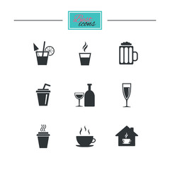 Tea, coffee and beer icons. Beer, wine and cocktail signs. Take away drinks. Black flat icons. Classic design. Vector