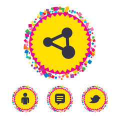 Web buttons with confetti pieces. Human person and share icons. Speech bubble symbols. Communication signs. Bright stylish design. Vector