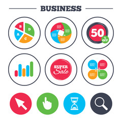 Fototapeta premium Business pie chart. Growth graph. Mouse cursor and hand pointer icons. Hourglass and magnifier glass navigation sign symbols. Super sale and discount buttons. Vector