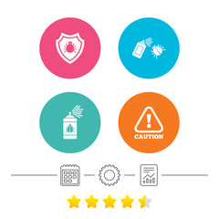 Bug disinfection icons. Caution attention and shield symbols. Insect fumigation spray sign. Calendar, cogwheel and report linear icons. Star vote ranking. Vector