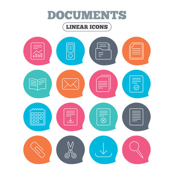 Documents linear icons. Accounting, book and calendar symbols. Paper clip, scissors and download arrow thin outline signs. Mail envelope and file chart. Flat speech bubbles with linear icons. Vector