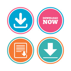 Download now icon. Upload file document symbol. Receive data from a remote storage signs. Colored circle buttons. Vector