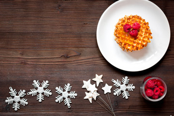 Christmas breakfast with waffles top view