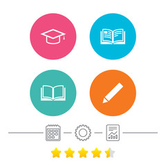 Pencil and open book icons. Graduation cap symbol. Higher education learn signs. Calendar, cogwheel and report linear icons. Star vote ranking. Vector