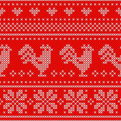 Red Holiday seamless pattern with cross stitch embroidered roosters. © verock