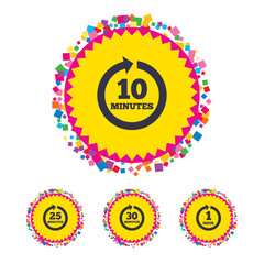 Web buttons with confetti pieces. Every 10, 25, 30 minutes and 1 hour icons. Full rotation arrow symbols. Iterative process signs. Bright stylish design. Vector