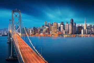 Poster San Francisco at sunrise with Bay Bridge in foreground. Amazing view to famous America city. California theme. Art Photography. © dell