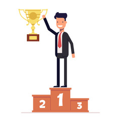 Businessman or manager standing on the winners podium with prize cup in his hand. Vector, illustration EPS10.