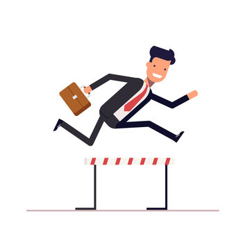 Businessman Or Manager Runs On Obstacle Course With A Briefcase In Hand. Man Jumping Over The Barrier. Achieving Goal. Vector, Illustration EPS10.