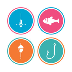 Fishing icons. Fish with fishermen hook sign. Float bobber symbol. Colored circle buttons. Vector