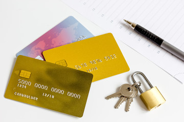 Credit cards with lock close up - online shopping