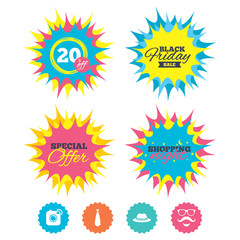 Shopping night, black friday stickers. Hipster photo camera. Mustache with beard icon. Glasses and tie symbols. Classic hat headdress sign. Special offer. Vector