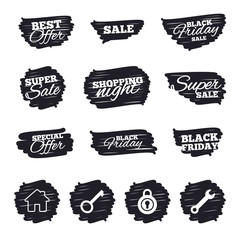 Ink brush sale stripes and banners. Home key icon. Wrench service tool symbol. Locker sign. Main page web navigation. Black friday. Ink stroke. Vector