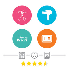 Hotel services icons. Wi-fi, Hairdryer and deposit lock in room signs. Wireless Network. Hairdresser or barbershop symbol. Calendar, cogwheel and report linear icons. Star vote ranking. Vector