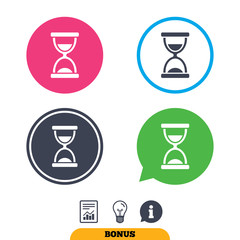 Hourglass sign icon. Sand timer symbol. Report document, information sign and light bulb icons. Vector