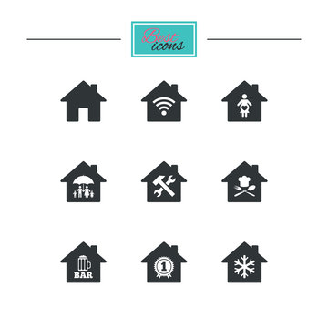 Real estate icons. Home insurance, maternity hospital and wifi internet signs. Restaurant, service and air conditioning symbols. Black flat icons. Classic design. Vector