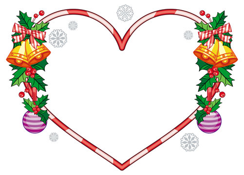 Heart-shaped frame with Christmas decorations. Holiday design element. 