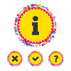 Web buttons with confetti pieces. Information icons. Delete and question FAQ mark signs. Approved check mark symbol. Bright stylish design. Vector