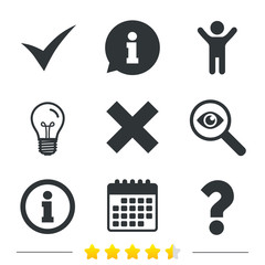 Information icons. Delete and question FAQ mark signs. Approved check mark symbol. Information, light bulb and calendar icons. Investigate magnifier. Vector